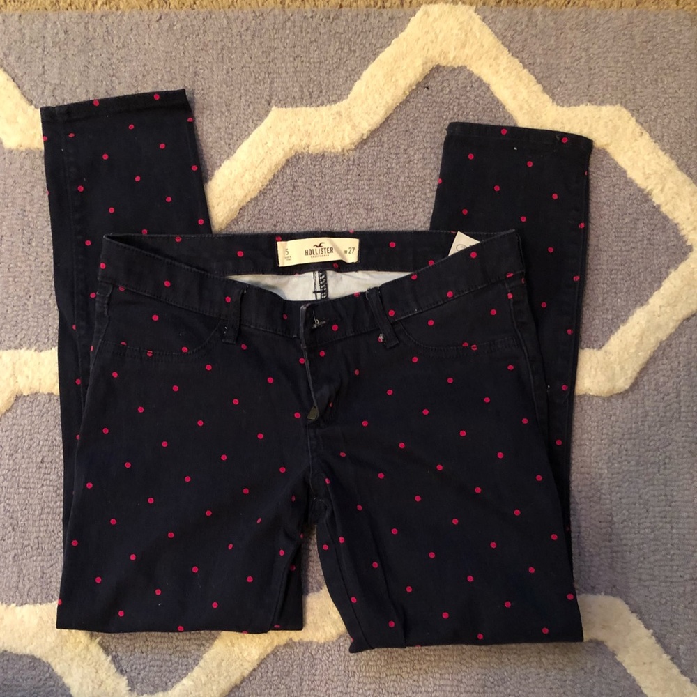 Navy and pink polka dot skinny pants